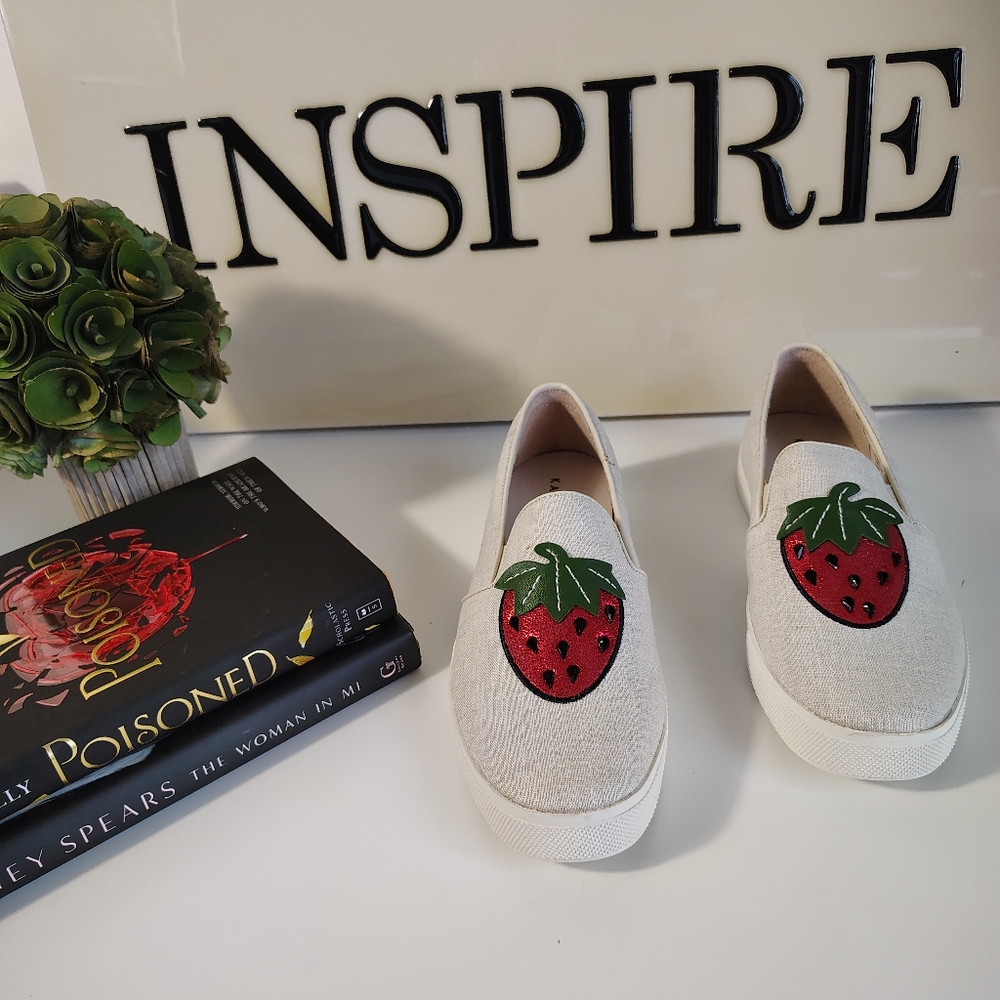 Katy Perry Collections Cream and Red Flats with Strawberry Embroidery